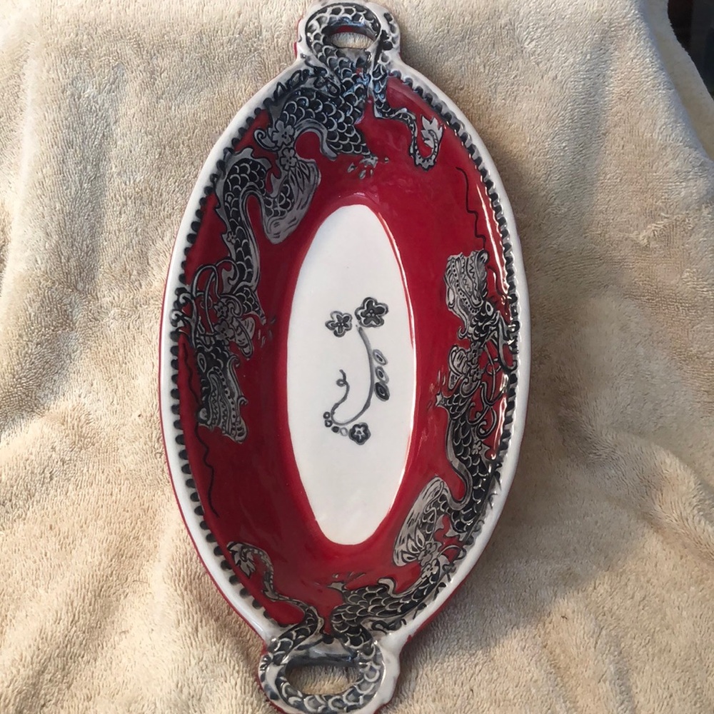 Blue Sky Clayworks Heather Goldminc 2012 Red Dragon Serving Dish 14”x7”